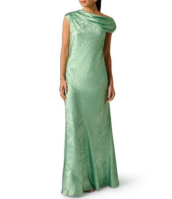 Adrianna Papell ADAE213224 Cowl Floor-Length Jacquard Formal Dress Metallic