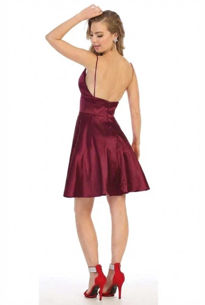 V-Neck Short Satin Homecoming Dress Open Back May Queen MQ1770 - Image 2