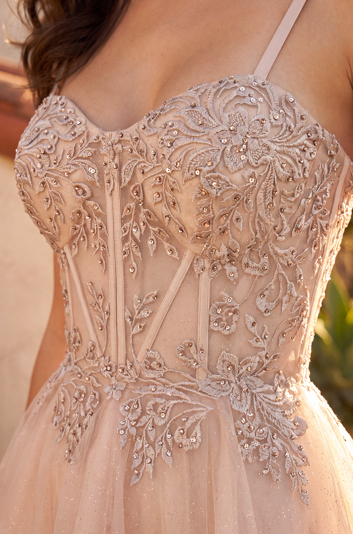 Floral Lace Corset HOCO Dress with Stones Adjustable Straps and Shimmer Tulle Skirt - Image 3