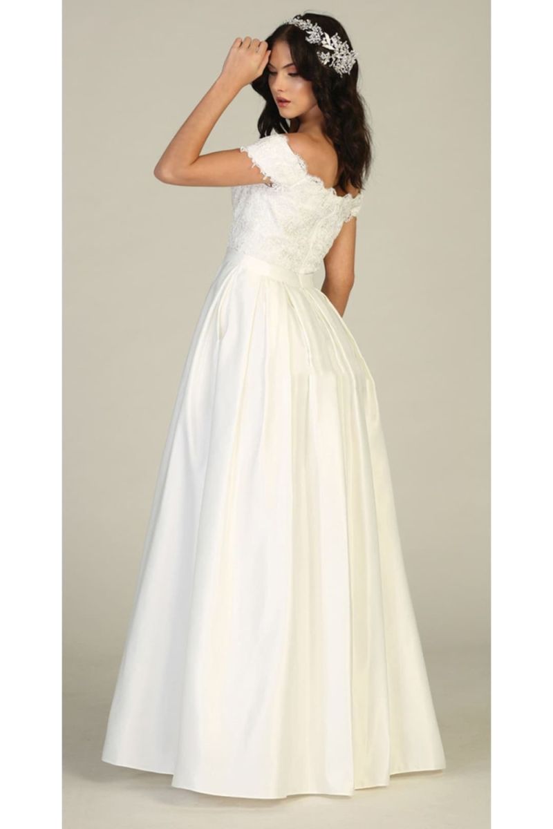 Off-the-Shoulder Floor-Length Lace Satin Wedding Dress Pockets May Queen MQ1762 - Image 2