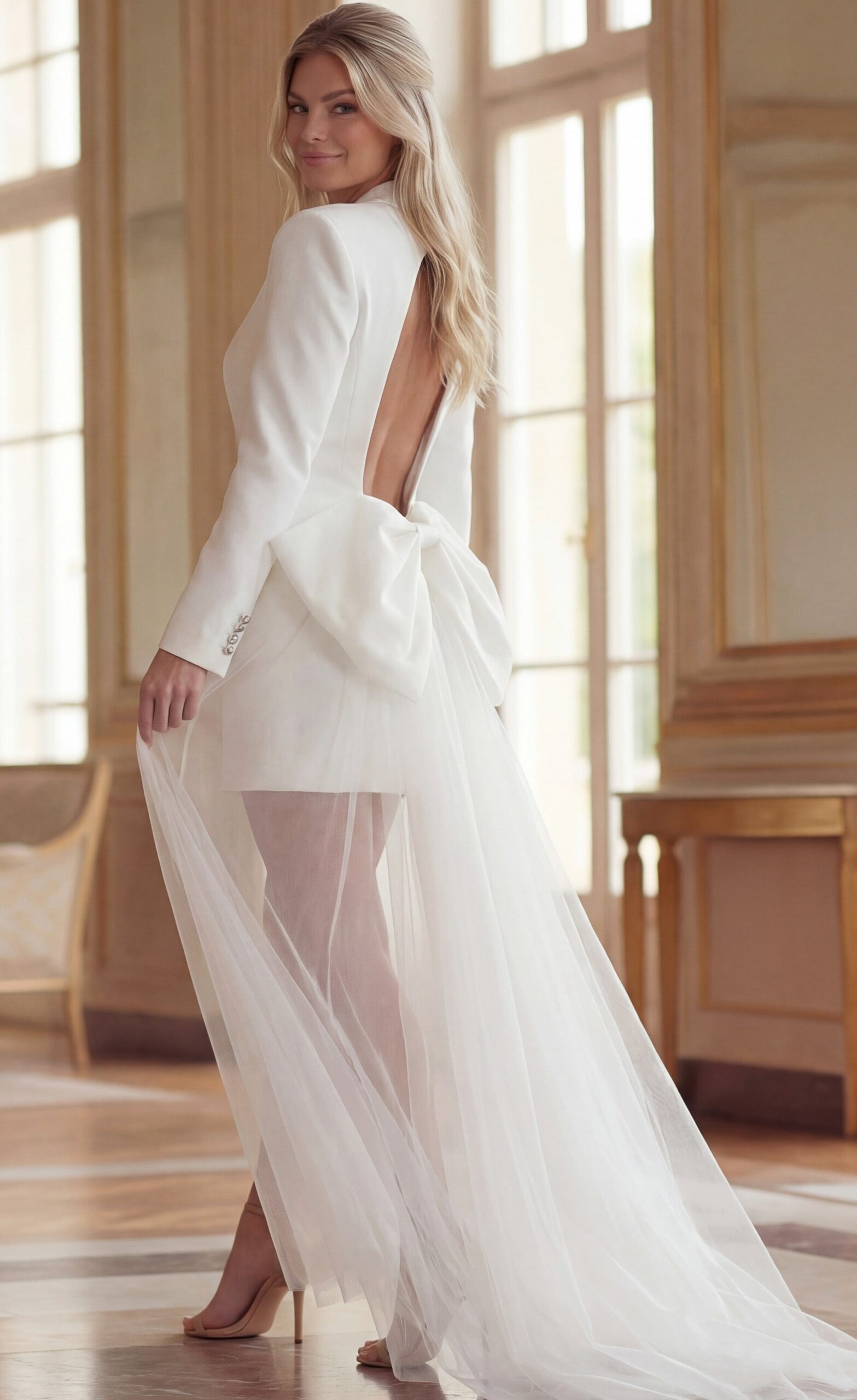 V-Neck Mini Crepe Bridal Dress Tulle Train Jovani 36545 - Image 2