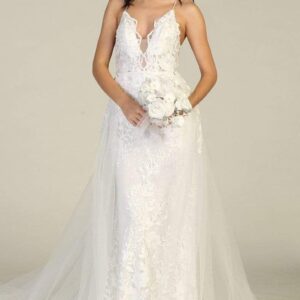 V-Neck Long Lace Sheath Bridal Dress Overskirt May Queen RQ7823
