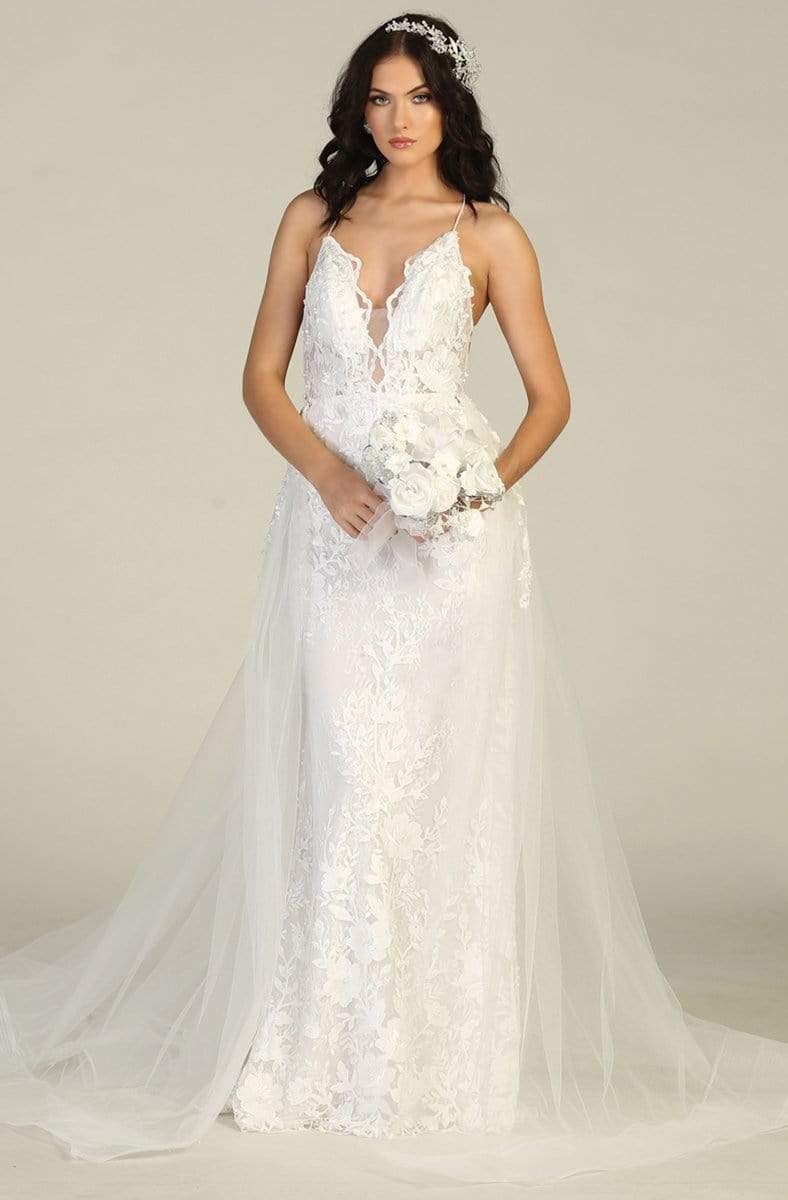 V-Neck Long Lace Sheath Bridal Dress Overskirt May Queen RQ7823