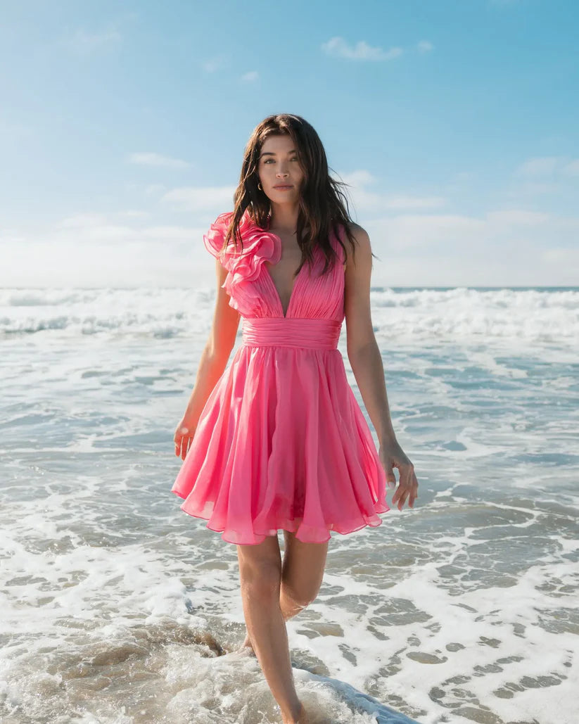 Short Ruffle V Neck A Line Cocktail Dress Ruffle Detail Mac Duggal - Image 7