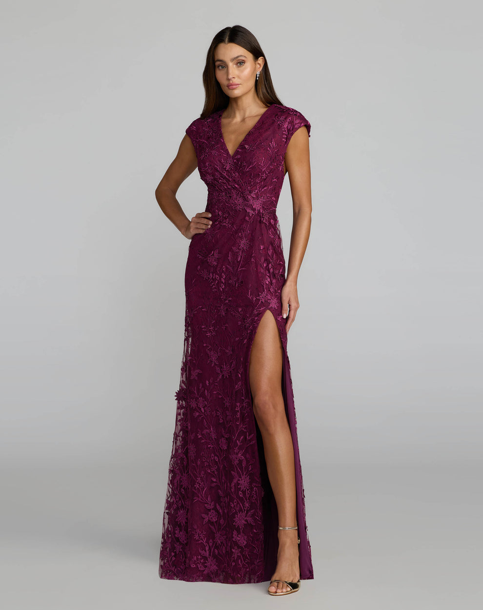 V-Neck Long Mesh Evening Dress Floral Mac Duggal 9967882P - Image 7