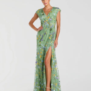 V-Neck Long Mesh Evening Dress Floral Mac Duggal 9967882P