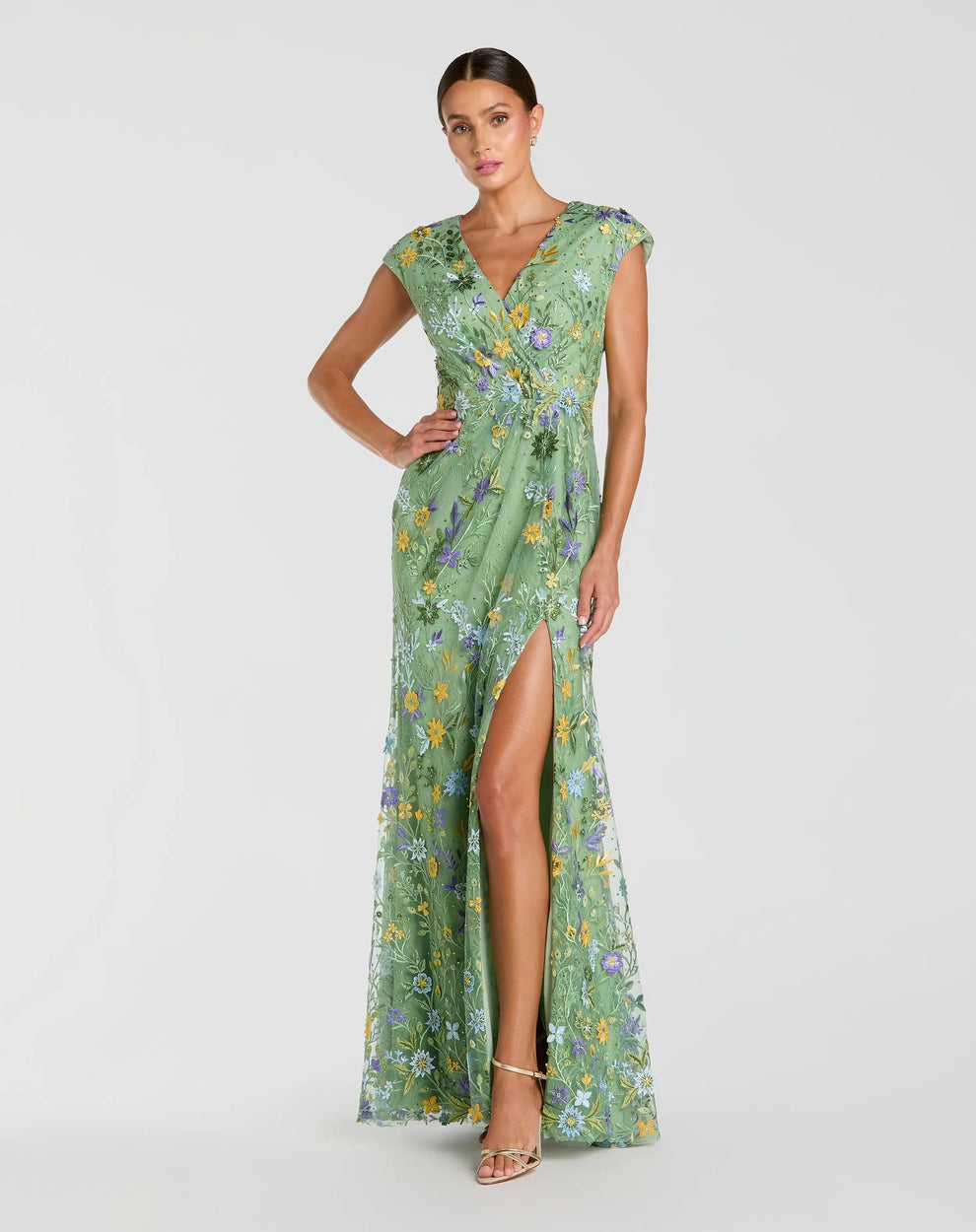 V-Neck Long Mesh Evening Dress Floral Mac Duggal 9967882P