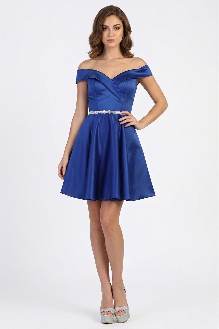Off-Shoulder Short Satin Cocktail Dress Rhinestone May Queen MQ1815 - Image 14