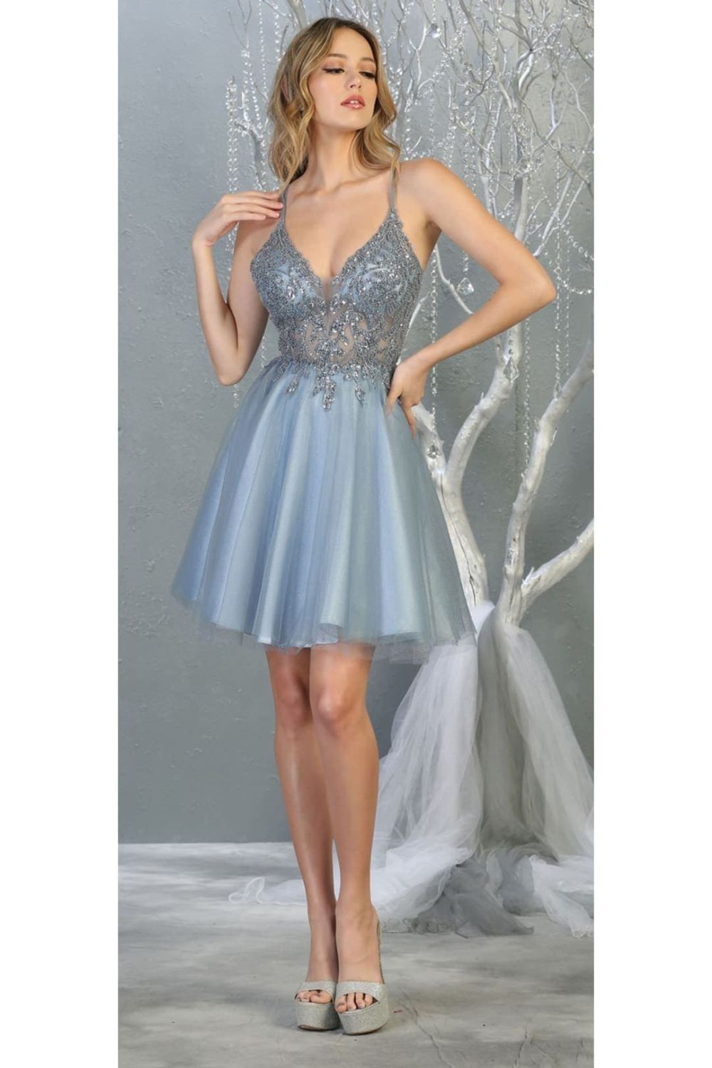 V-Neck Short Tulle Homecoming Dress Lace May Queen MQ1813 - Image 5