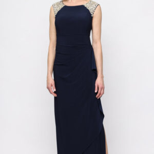 Jewel Neck Floor-Length Jersey Formal Dress Slit Alex Evenings 82351664