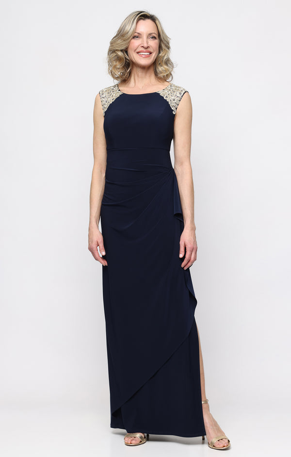 Jewel Neck Floor-Length Jersey Formal Dress Slit Alex Evenings 82351664