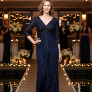V-Neck Long Metallic Formal Dress Ruffle Alex Evenings 82961059