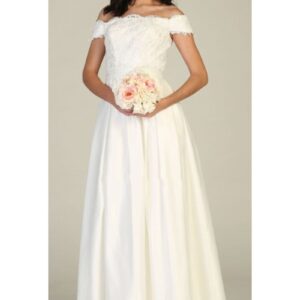 Off-the-Shoulder Floor-Length Lace Satin Wedding Dress Pockets May Queen MQ1762