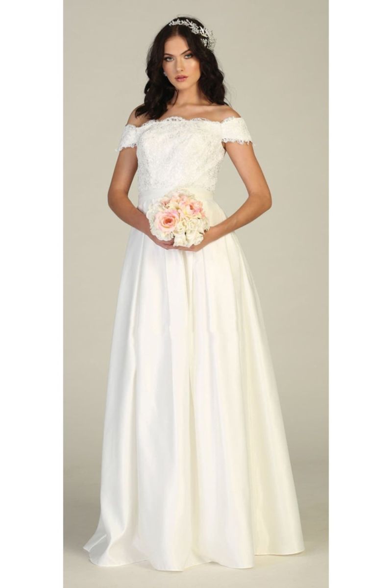 Off-the-Shoulder Floor-Length Lace Satin Wedding Dress Pockets May Queen MQ1762