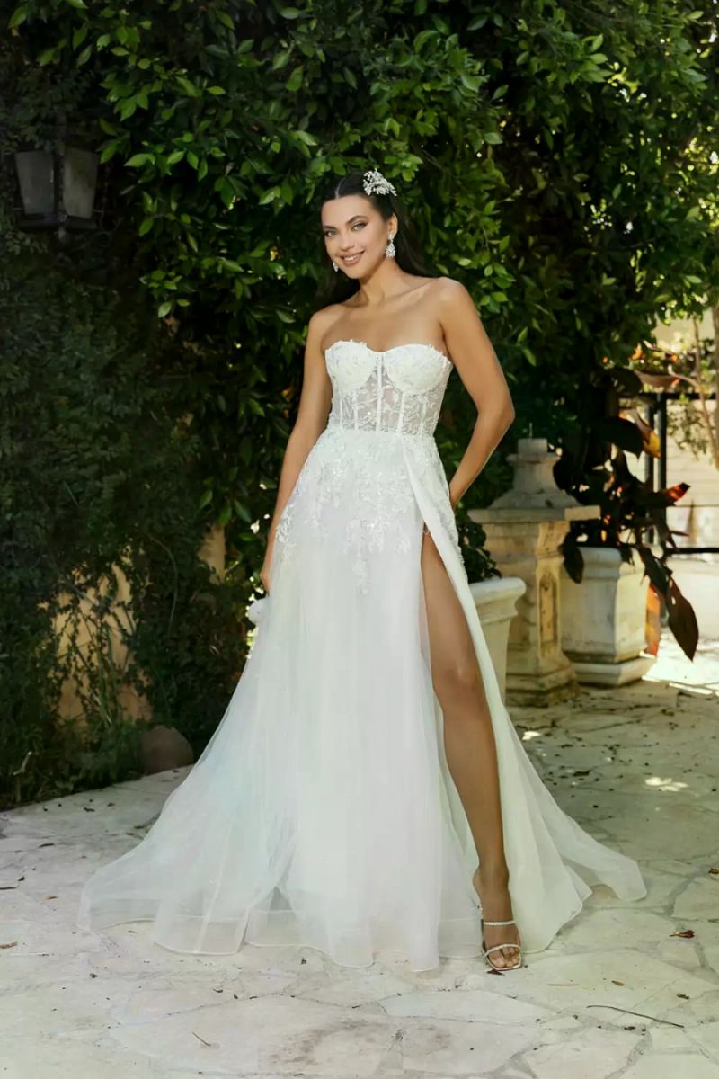 Strapless Long Corset Lace Wedding Dress High Slit May Queen RQ8135