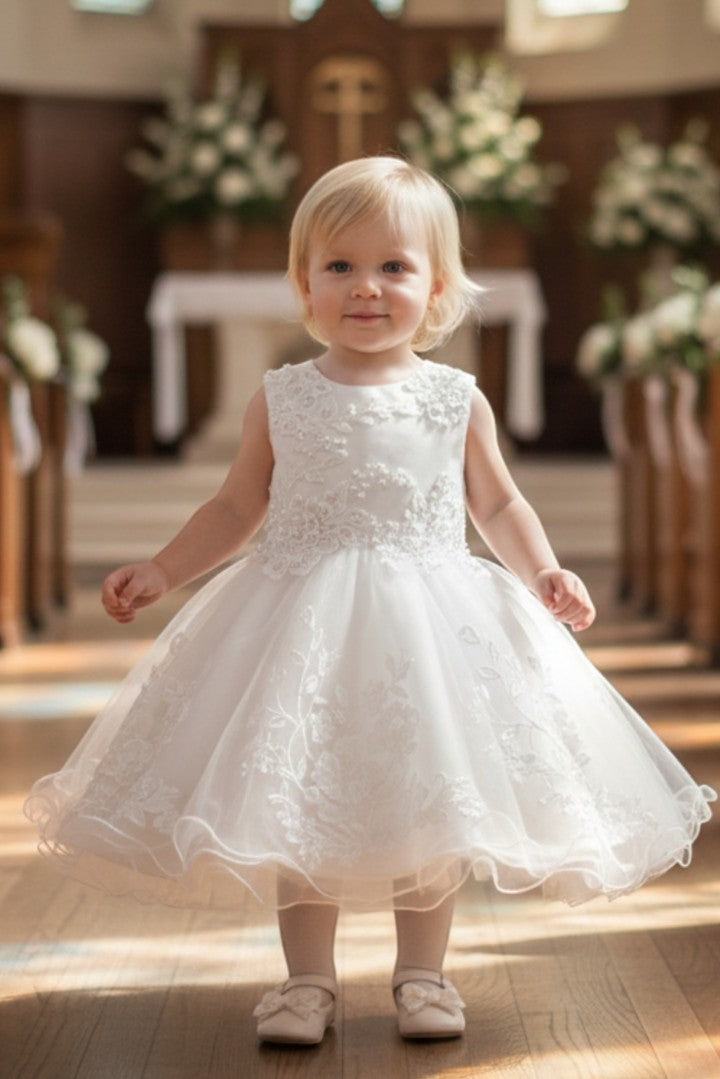 Sleeveless Embroidered Design Flower Girls Dress