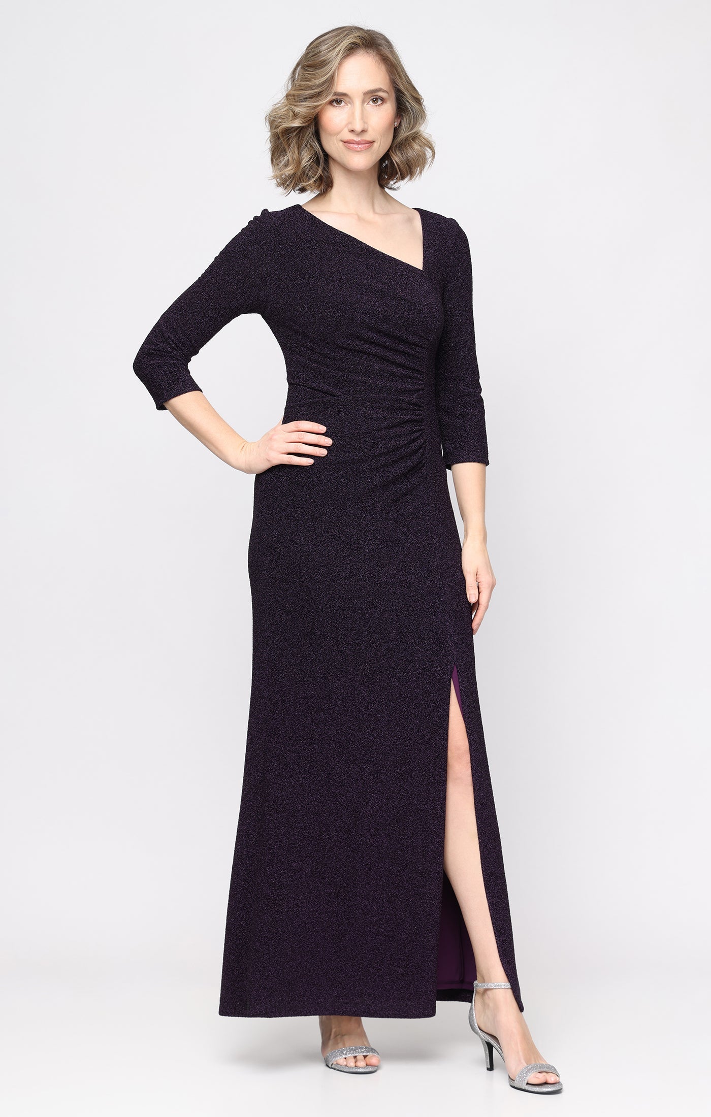 SL Fashions 9227341 Asymmetrical Floor-Length Glitter Formal Dress Slit
