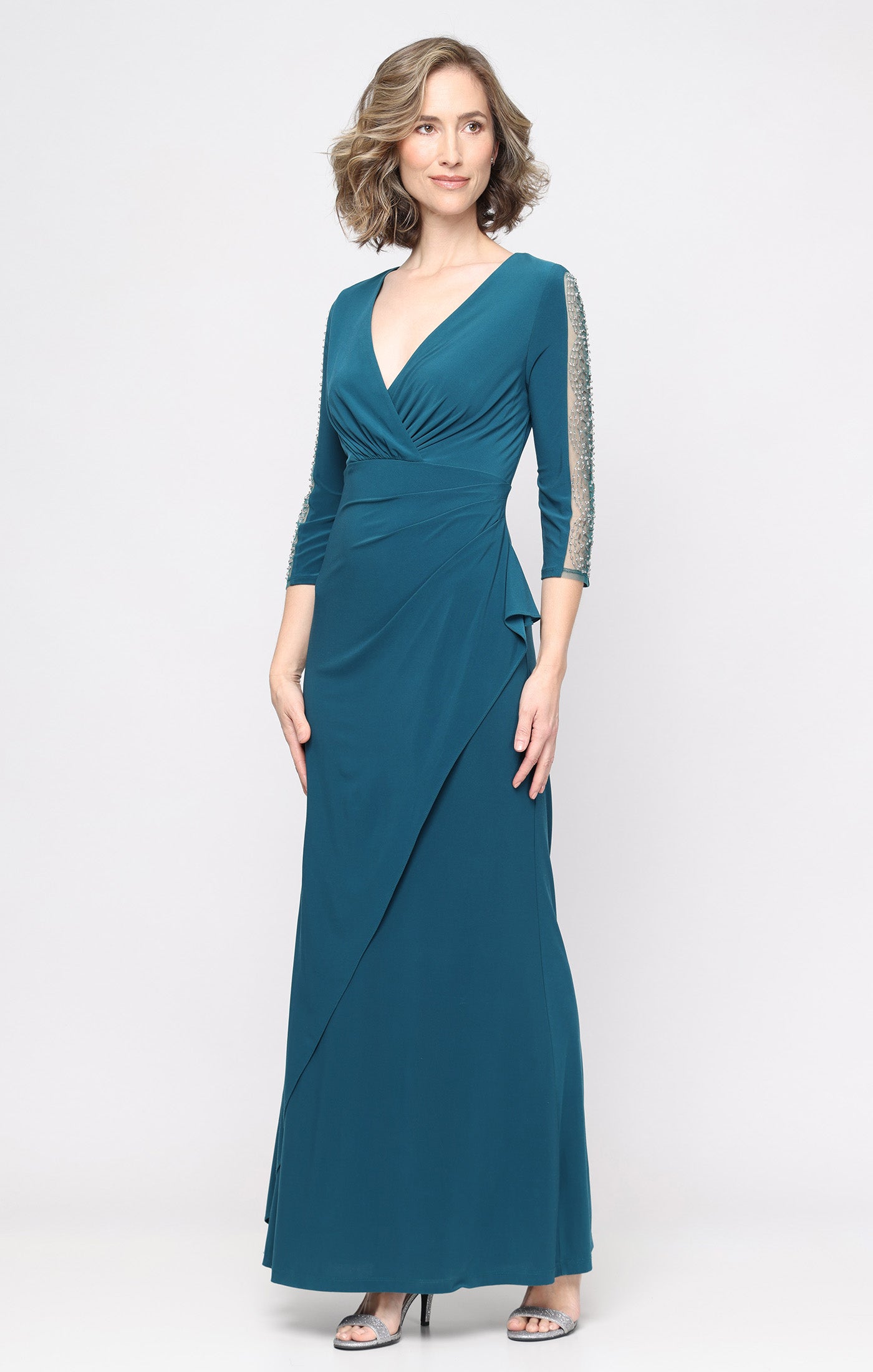 SL Fashions 9235280 V-Neck Floor-Length Jersey Evening Dress Beaded