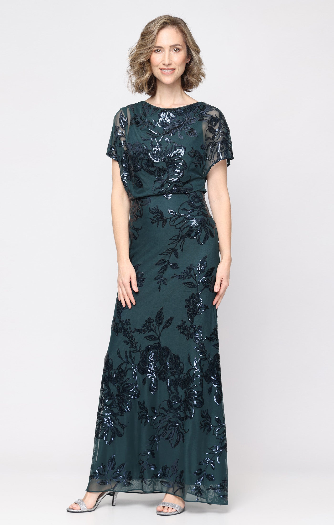 SL Fashions 9296545 Boat Neck Floor-Length Sequined Evening Gown Floral