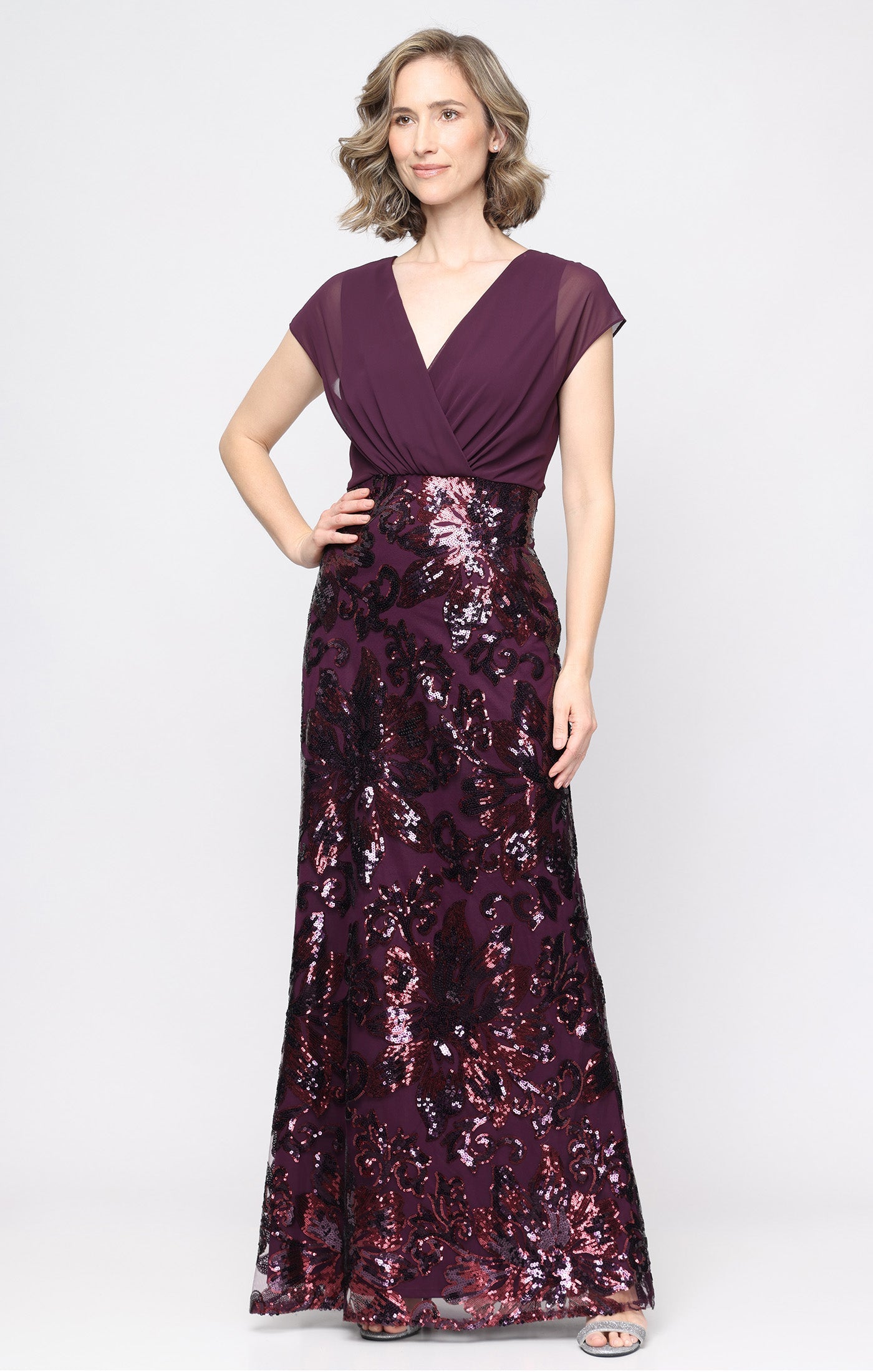 SL Fashions 9296546 V-Neck Floor-Length Chiffon Evening Dress Sequin