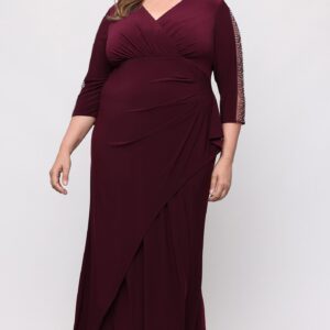 SL Fashions 9435280 V Neck Floor-Length Jersey Evening Dress Beaded