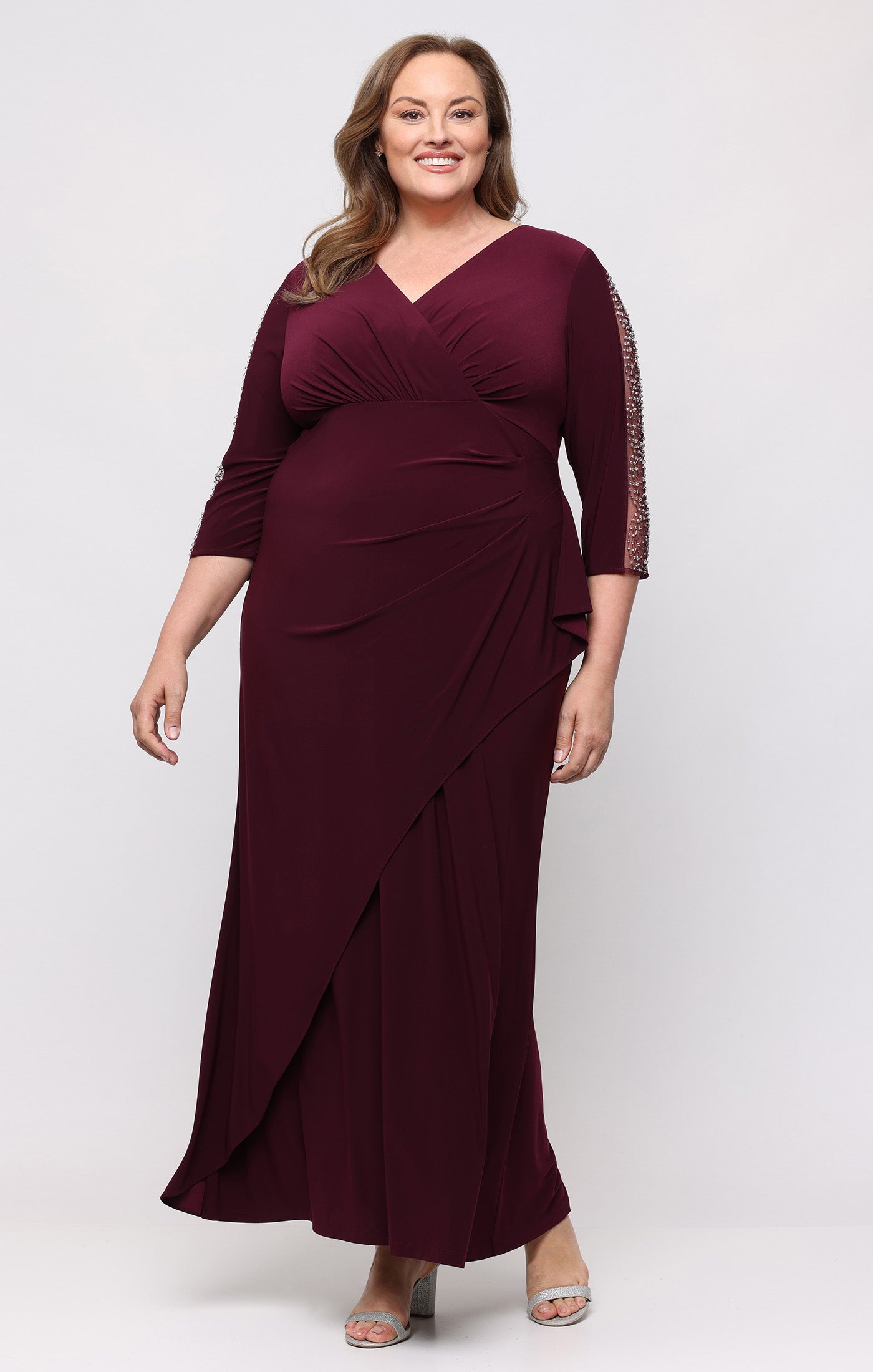 SL Fashions 9435280 V Neck Floor-Length Jersey Evening Dress Beaded