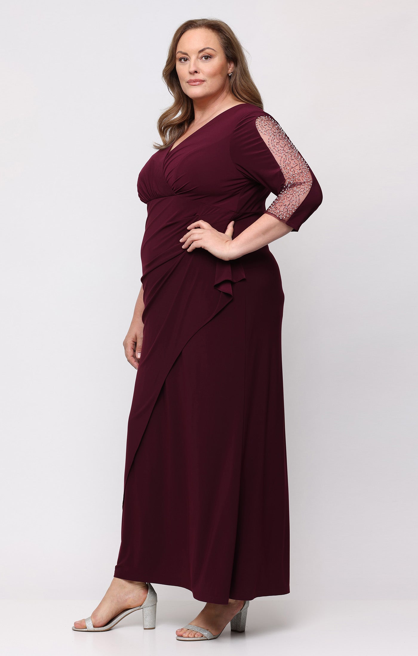 SL Fashions 9435280 V Neck Floor-Length Jersey Evening Dress Beaded - Image 3