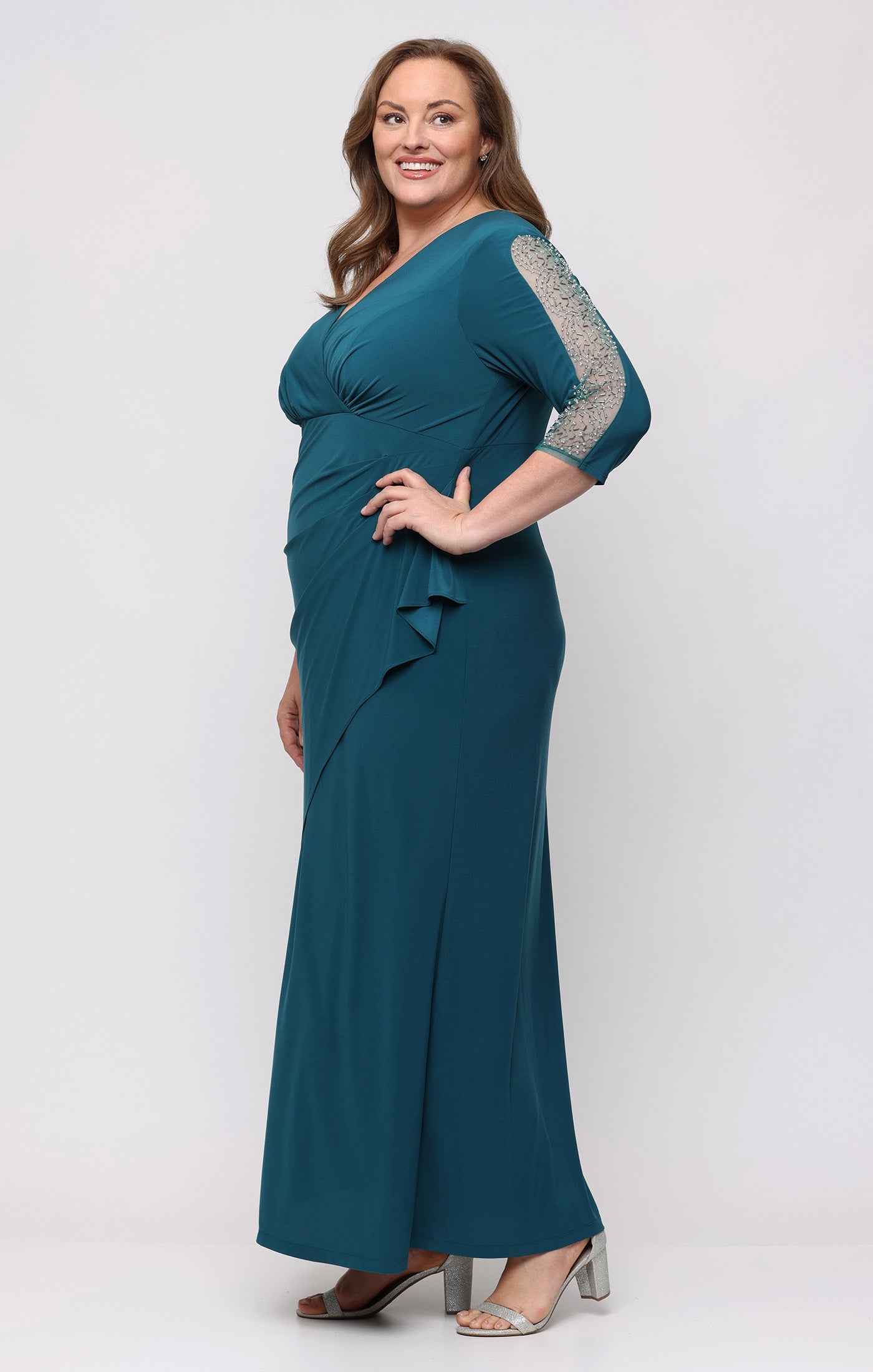 SL Fashions 9435280 V Neck Floor-Length Jersey Evening Dress Beaded - Image 7