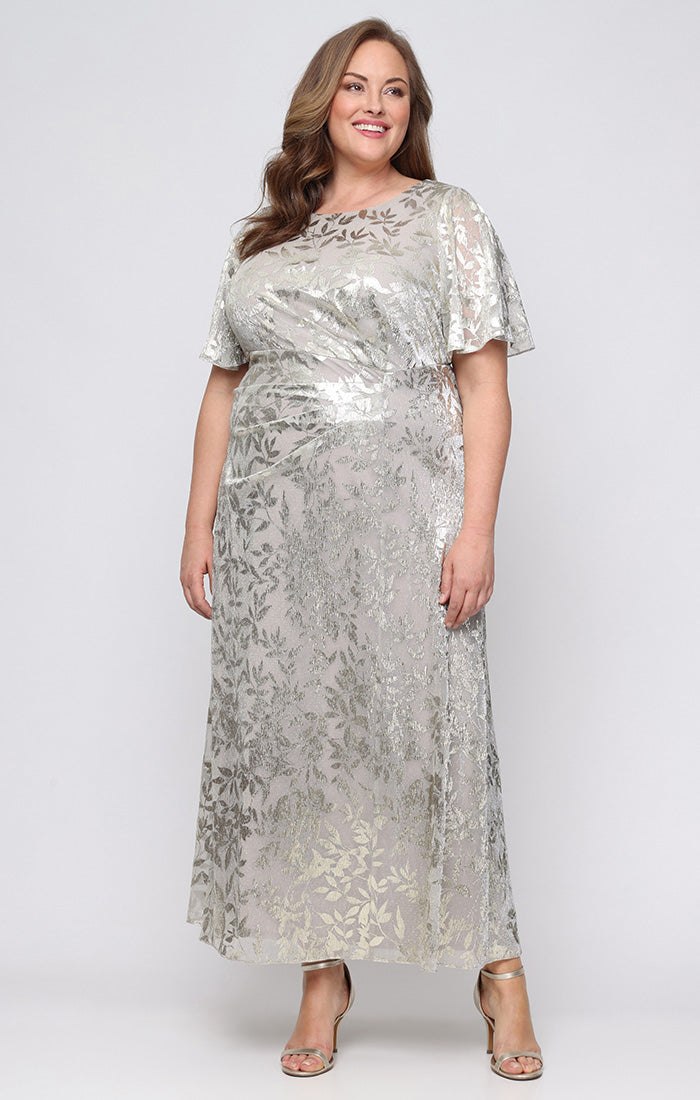 SL Fashions 9479492 Round Neck Floor-Length Metallic Evening Dress Floral