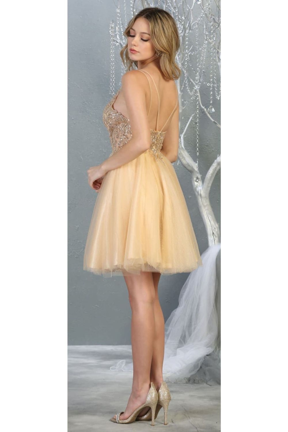 V-Neck Short Tulle Homecoming Dress Lace May Queen MQ1813 - Image 4