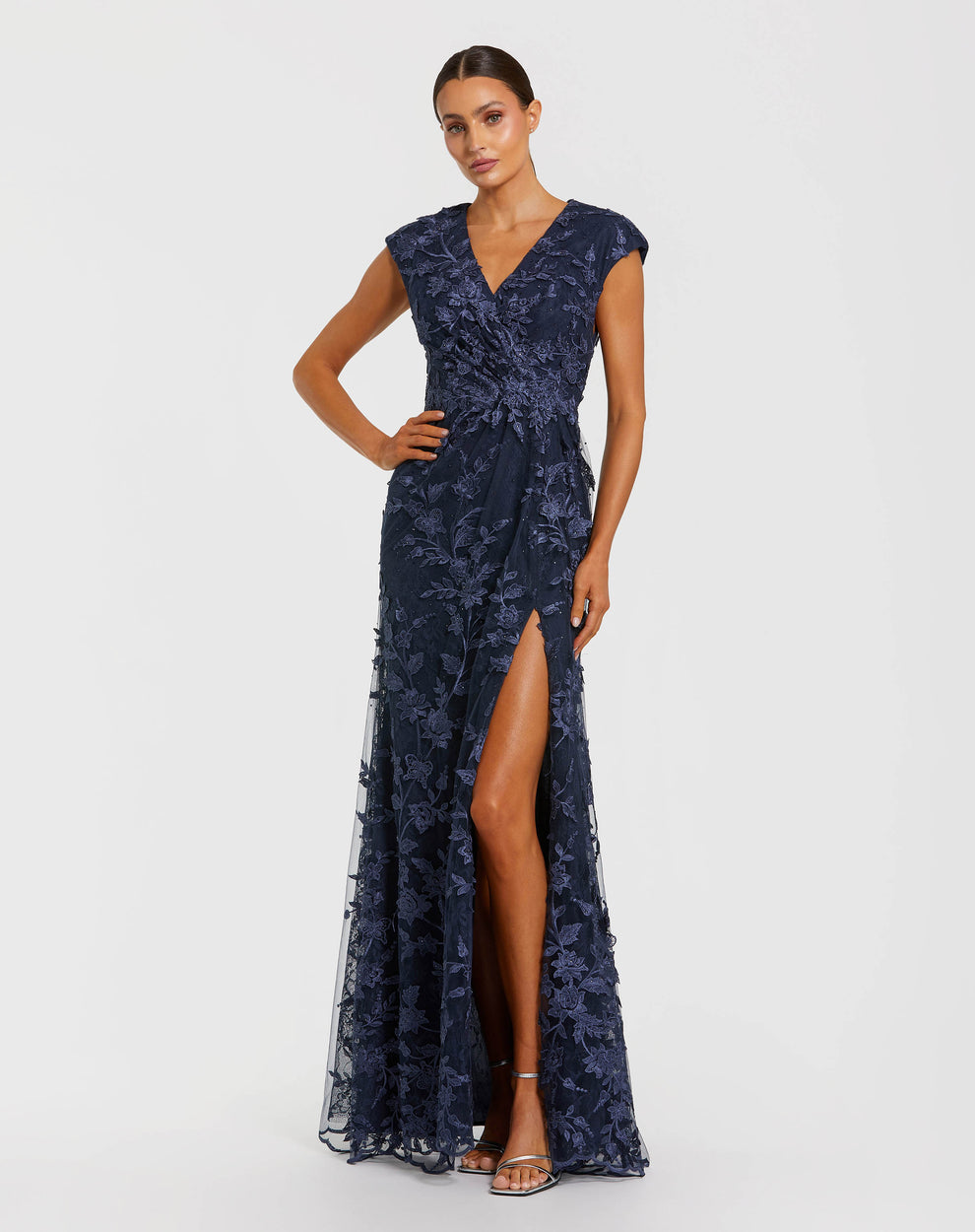 V-Neck Long Mesh Evening Dress Floral Mac Duggal 9967882P - Image 4