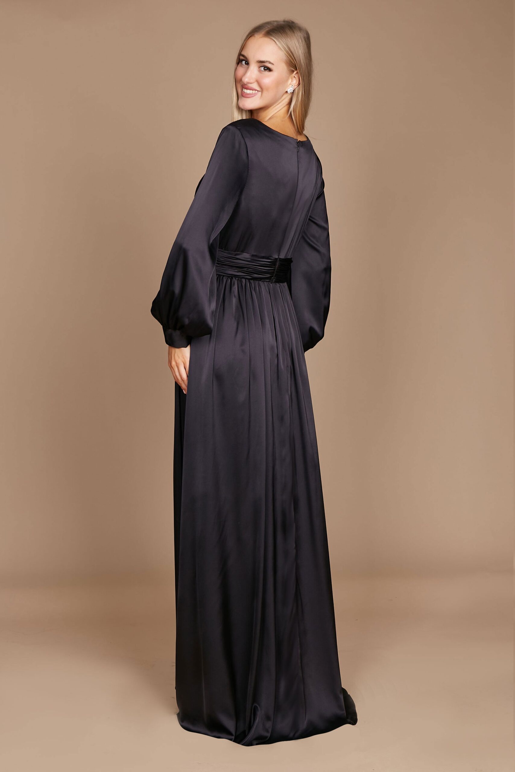Black Satin Long Sleeve Formal Evening Dress - Image 2