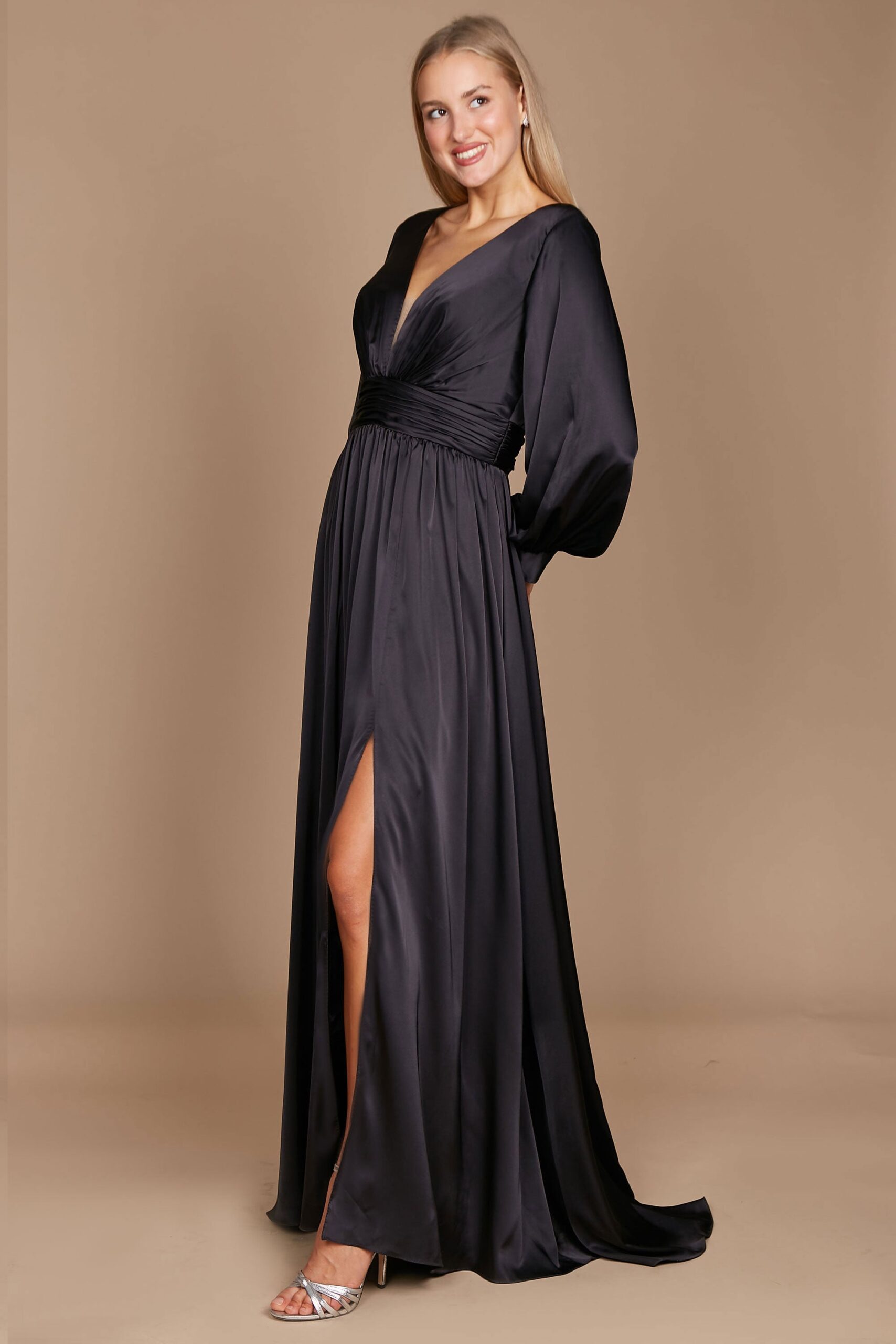 Black Satin Long Sleeve Formal Evening Dress - Image 3