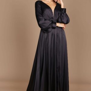 Black Satin Long Sleeve Formal Evening Dress