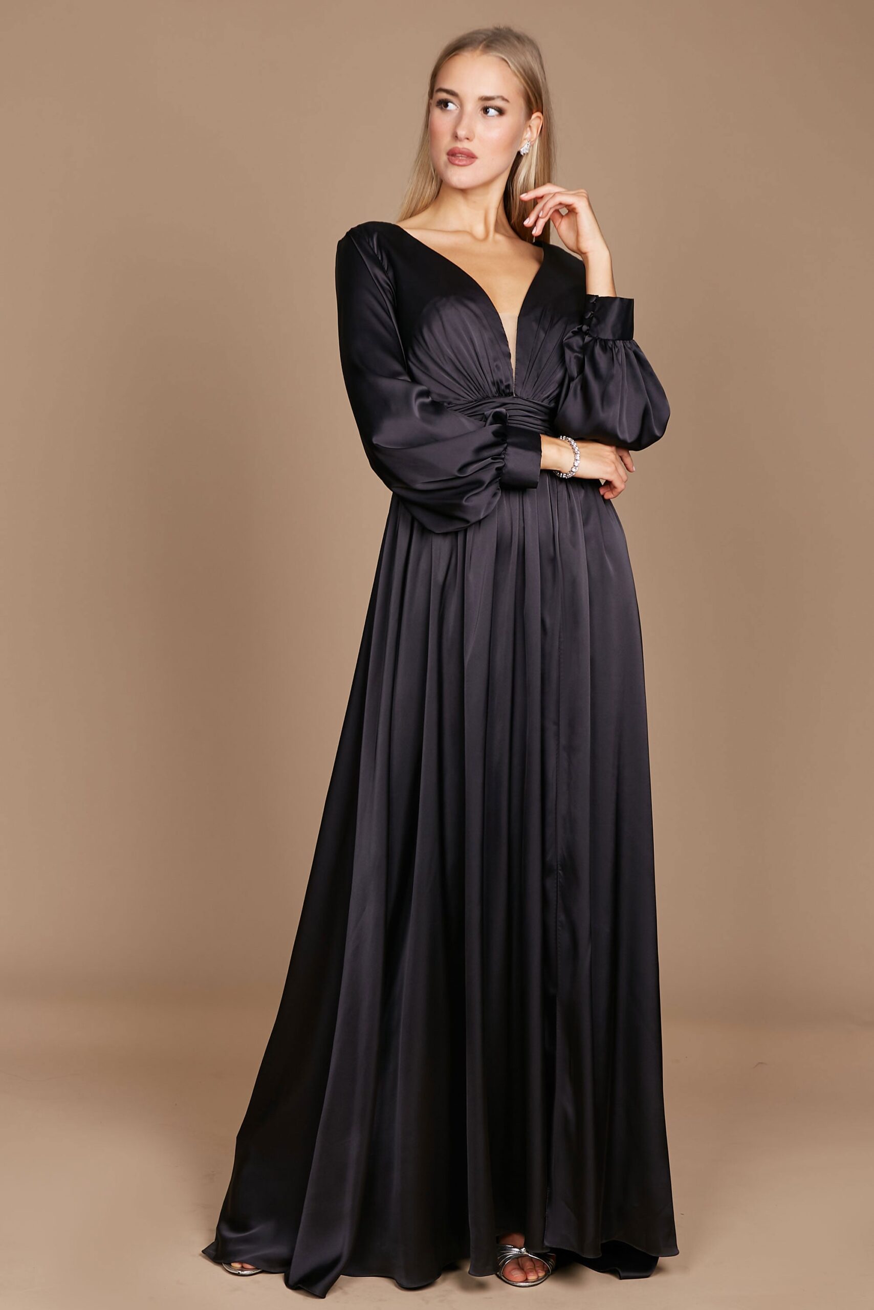 Black Satin Long Sleeve Formal Evening Dress