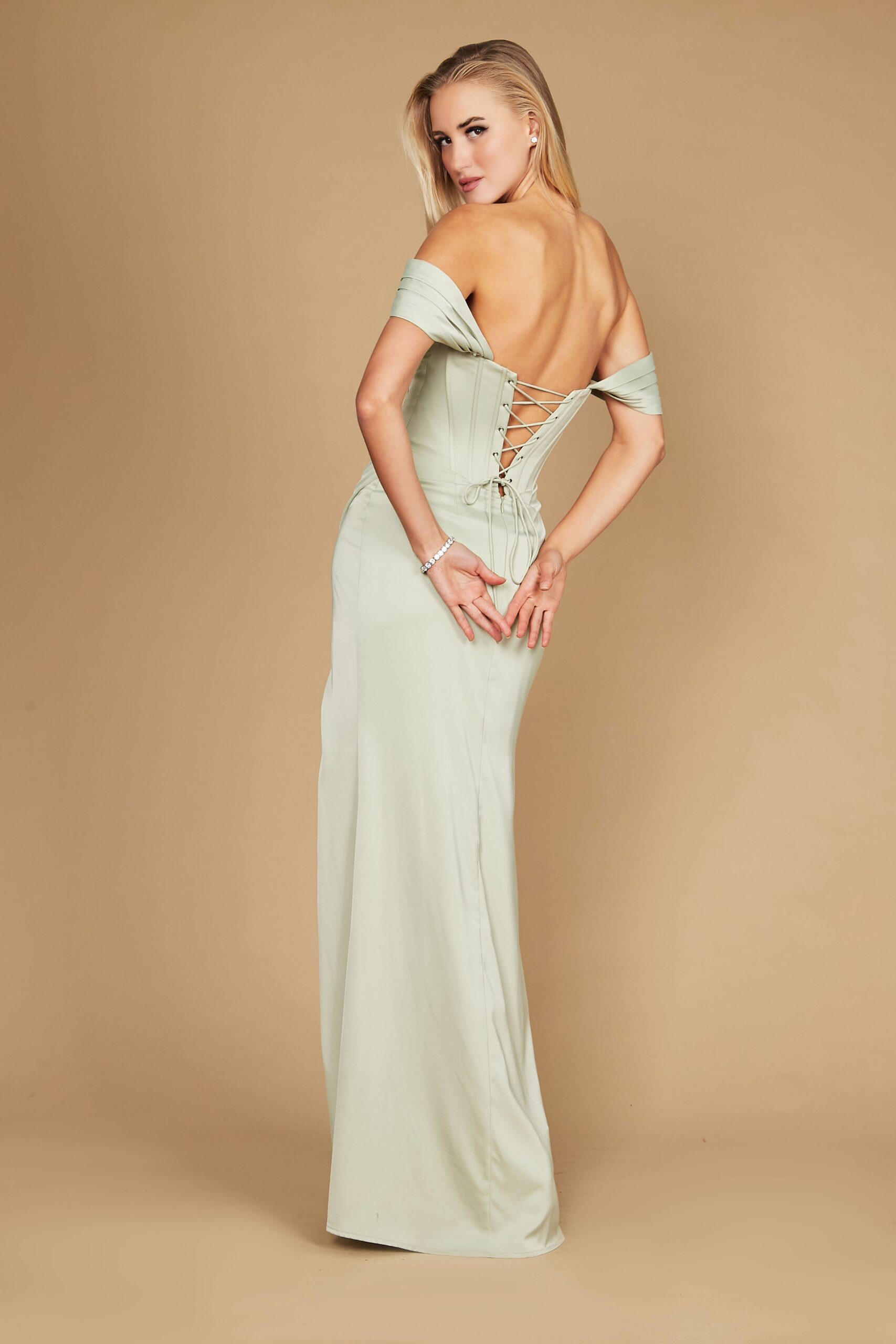 Off the Shoulder Satin Corset Evening Gown - Image 20