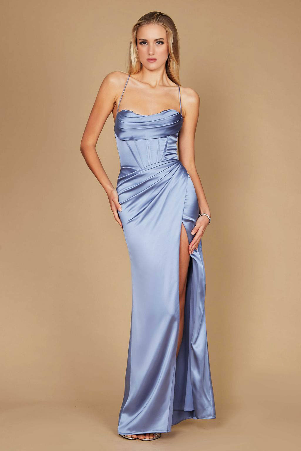 Satin Draped Corset Cowl Long Prom Dress - Image 16