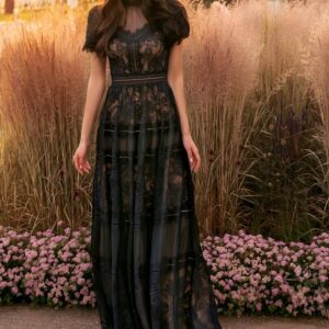 Long Lace Short Sleeve Formal Black Evening Dress