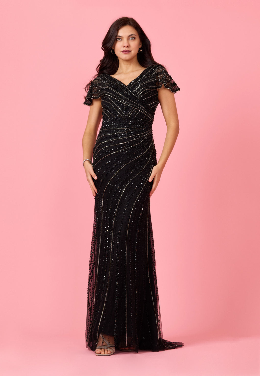 Short Sleeve Hand Beaded Formal Couture Dress - Image 19