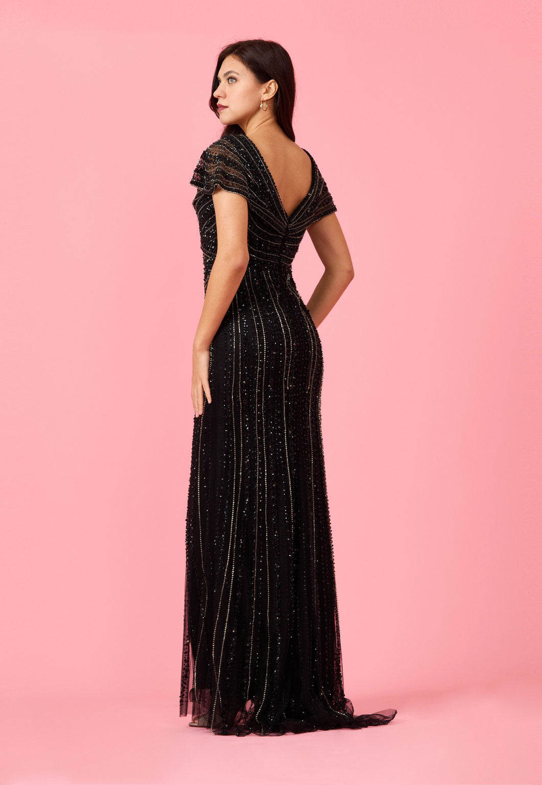Short Sleeve Hand Beaded Formal Couture Dress - Image 3