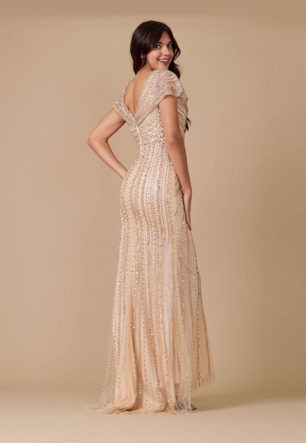 Short Sleeve Hand Beaded Formal Couture Dress - Image 7