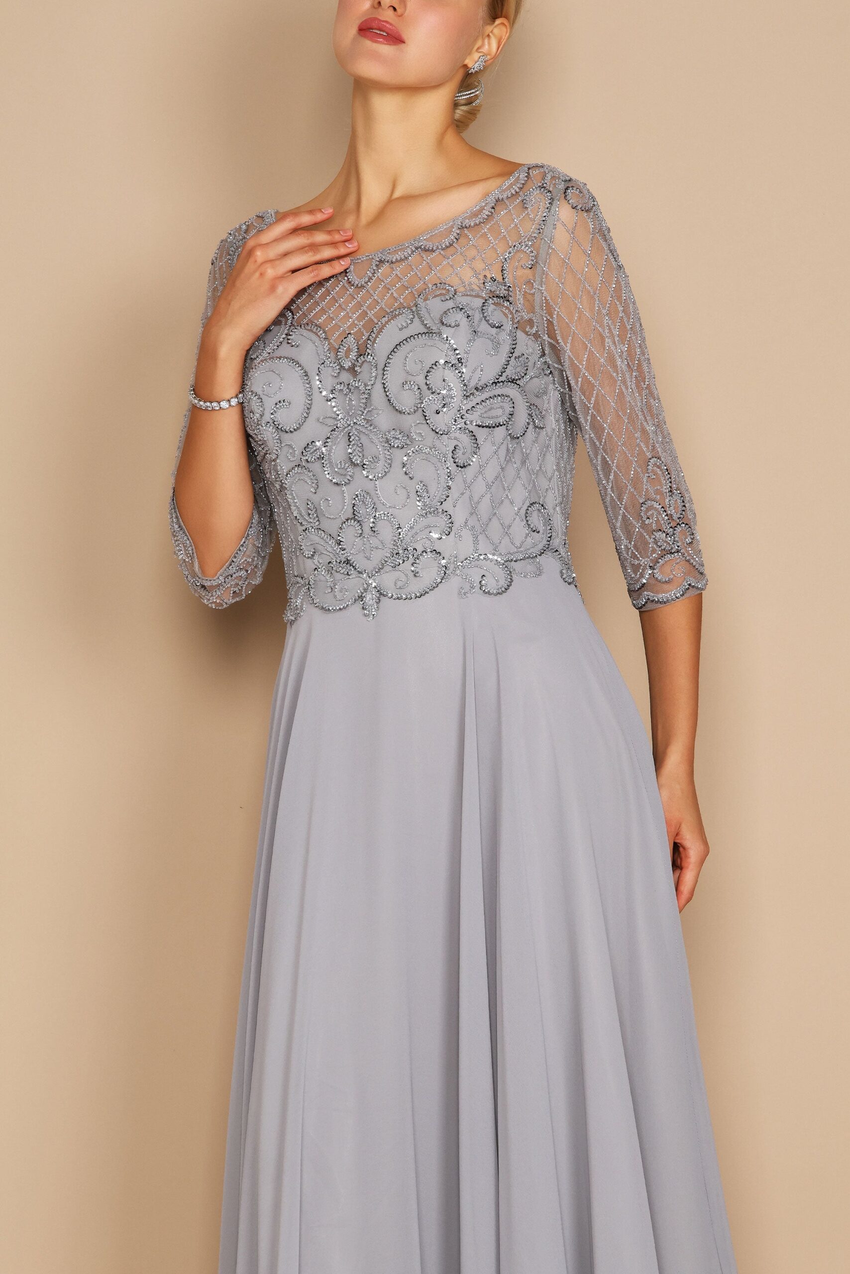Hand Beaded Long Sleeve Mother of the Bride Dress - Image 15