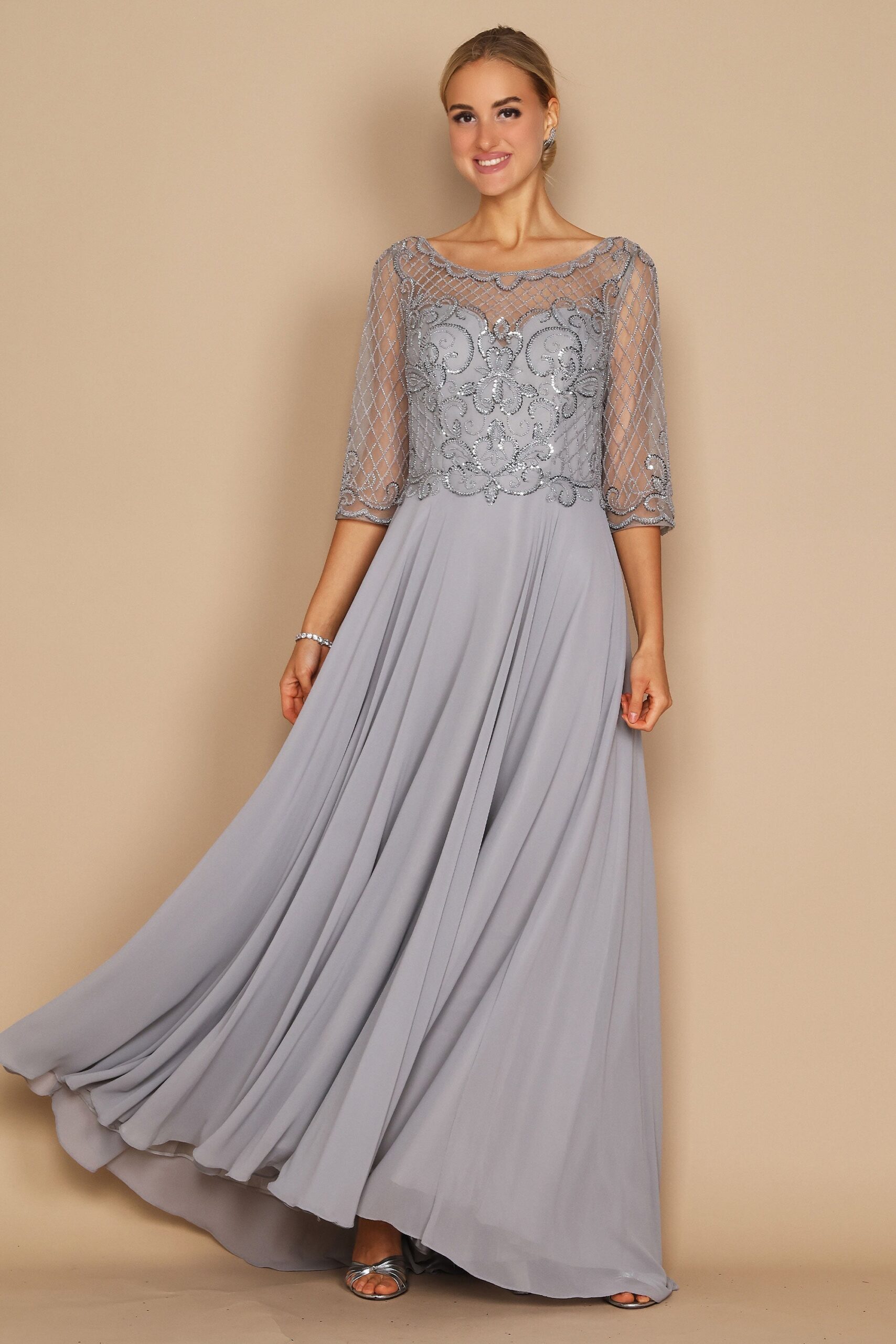 Hand Beaded Long Sleeve Mother of the Bride Dress - Image 12