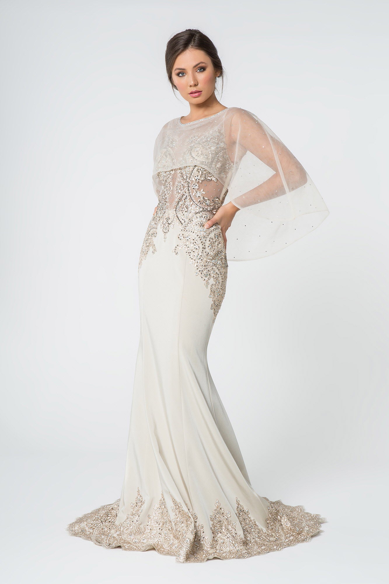 Long Formal Dress Evening Gown Cape Sleeves - Image 9