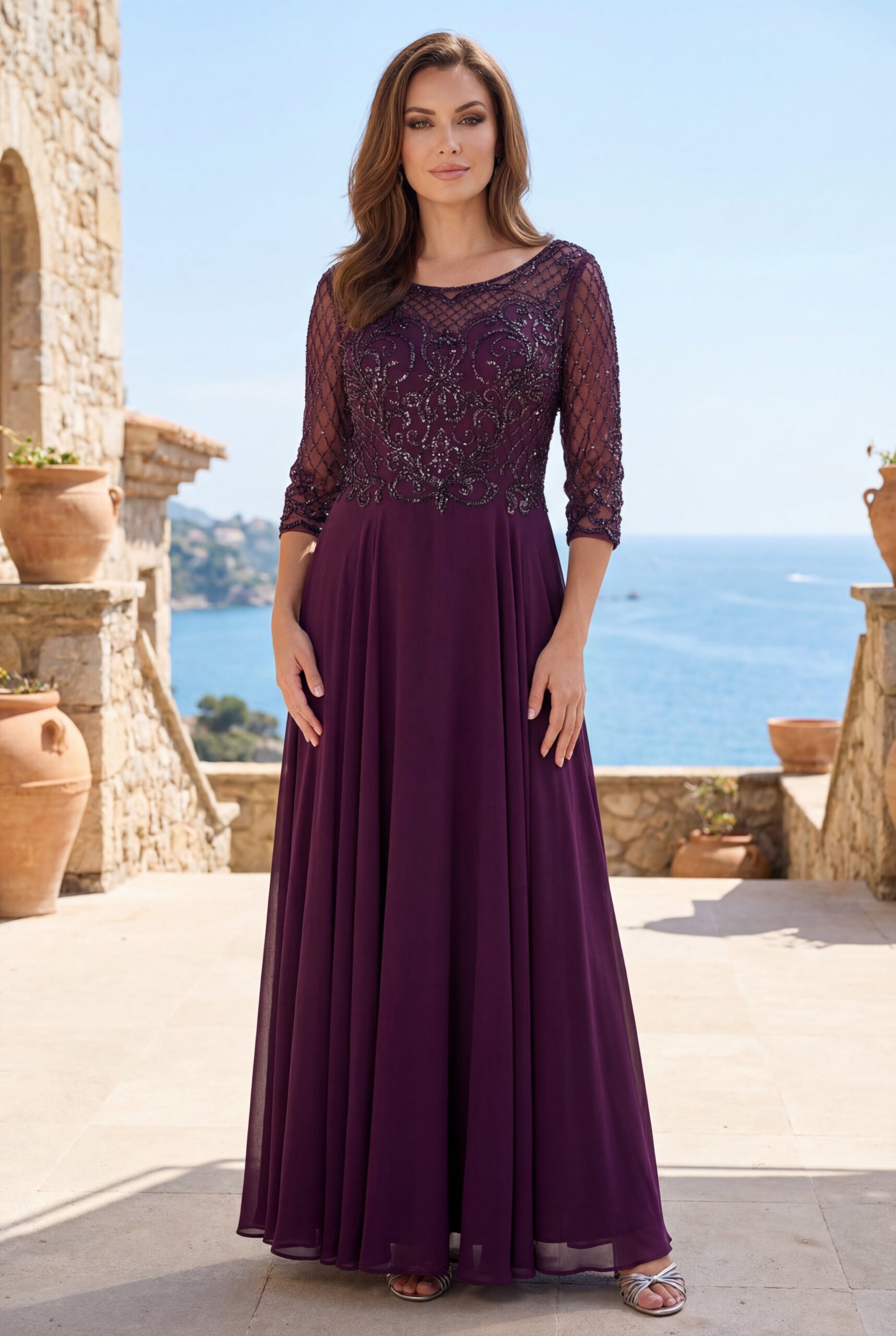 Hand Beaded Long Sleeve Mother of the Bride Dress - Image 11