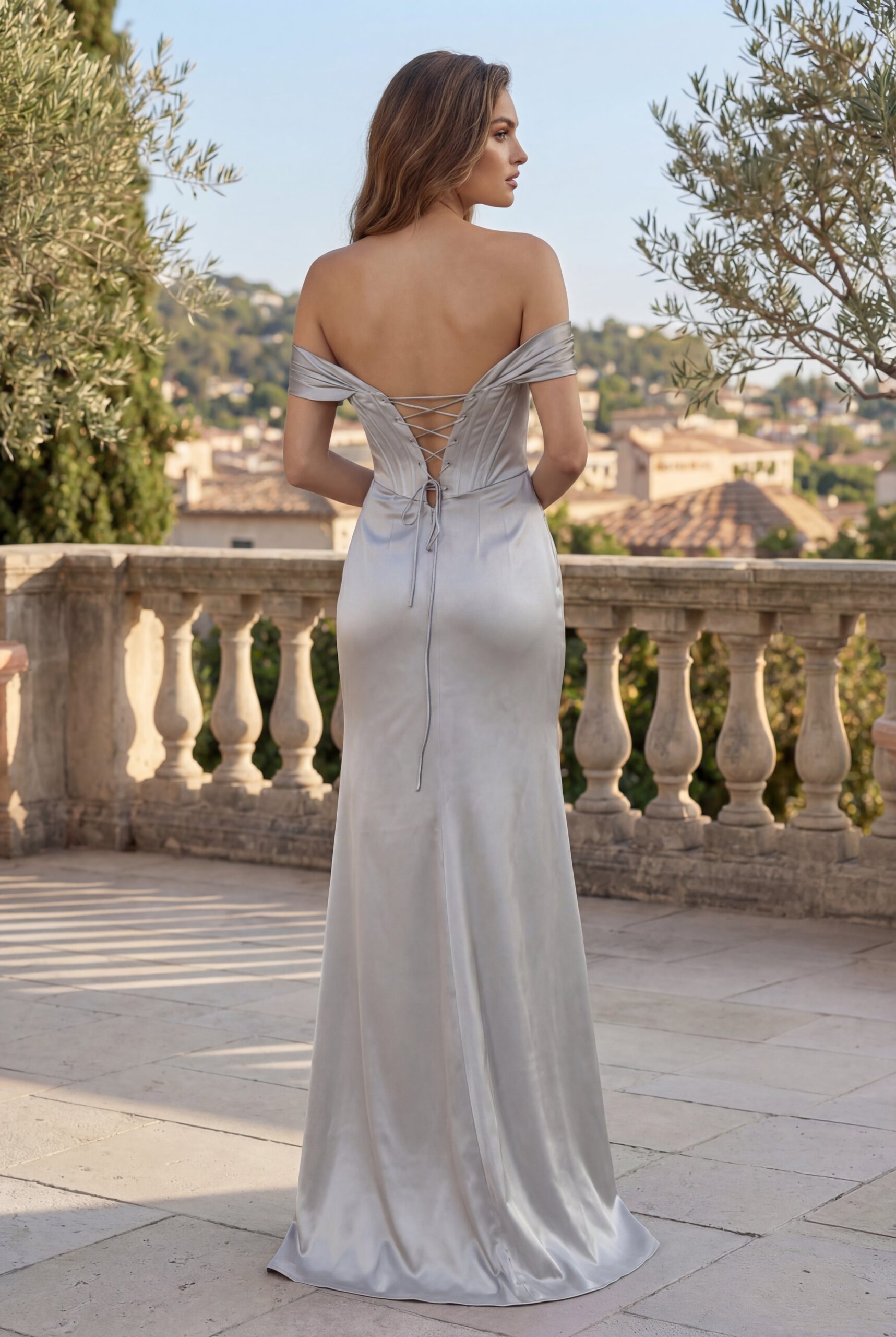 Off the Shoulder Satin Corset Evening Gown - Image 29