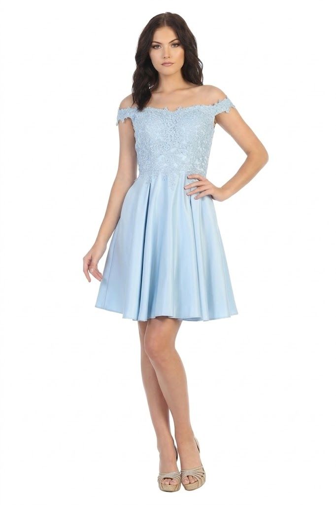 Off-Shoulder Short Satin Cocktail Dress Lace May Queen MQ1766