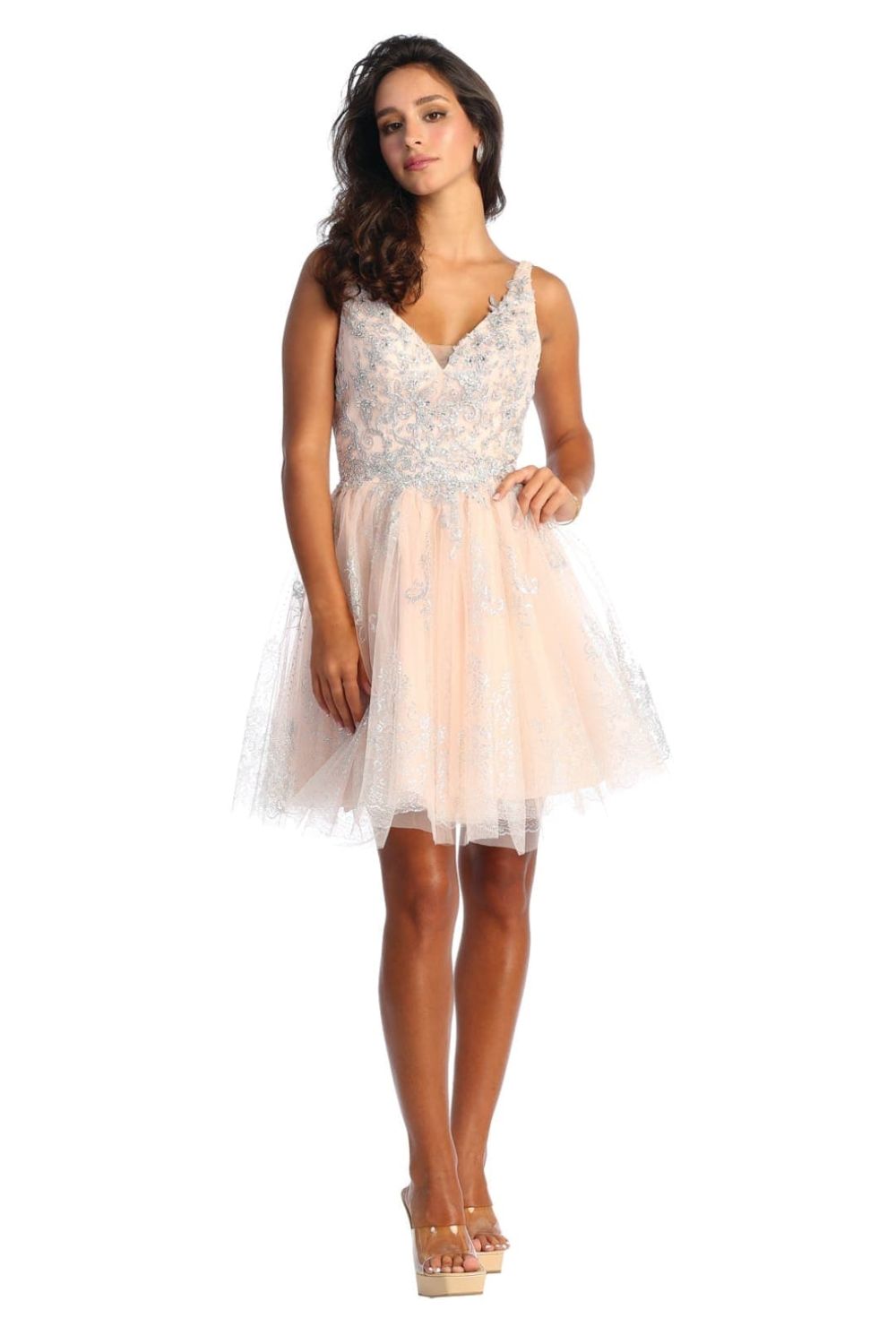 V-Neck Short Tulle Homecoming Cocktail Dress Embroidery May Queen MQ1817 - Image 5