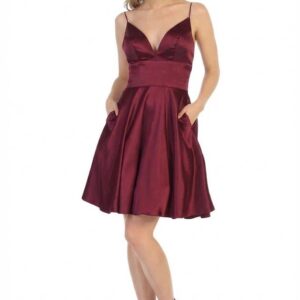 V-Neck Short Satin Homecoming Dress Open Back May Queen MQ1770