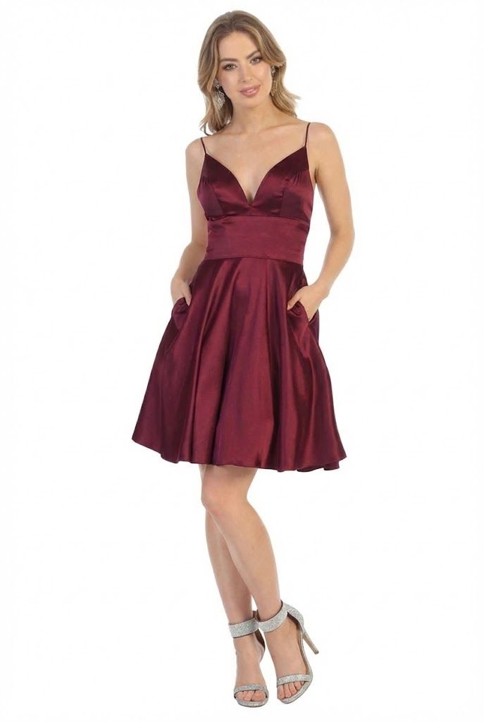 V-Neck Short Satin Homecoming Dress Open Back May Queen MQ1770